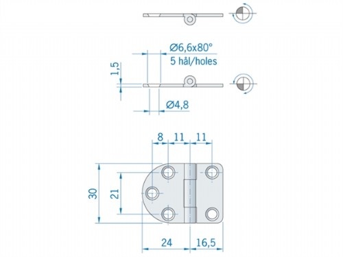 Roca vlakscharnier rond/recht RVS 40 -5 x 30 mm 440060