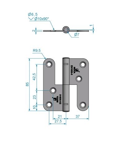 Roca paumelle scharnier RVS stift rechts 85 x 74 mm 905326