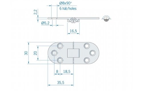 Roca tafelbladscharnier messing en verchroomd 71 x 30 mm 440103