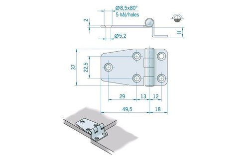 Roca staartscharnier hoek RVS 66 x 37 mm 441572 Hoogte 12 Mm