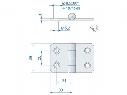 Roca vlakscharnier met ronde hoeken RVS 60 x 39 mm 441690