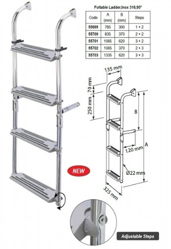 NR RVS Zwemtrap kantelbaar spiegelmontage 3 + 3 treden - 1335 mm