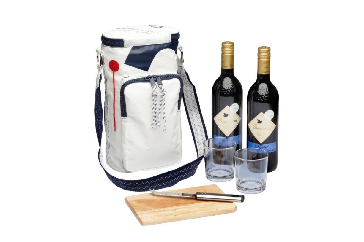 Zeildoek wijn koel-/ schoudertas voor 2 flessen met glazen en kaasset Sea Princess navy