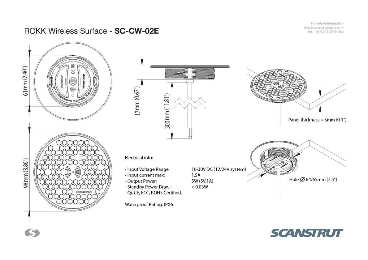 ROKK oplader draadloos en waterdicht opbouw 4 mm (12/24V)