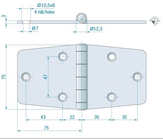 Roca staartscharnier vlak RVS 150 x 75 mm 440113