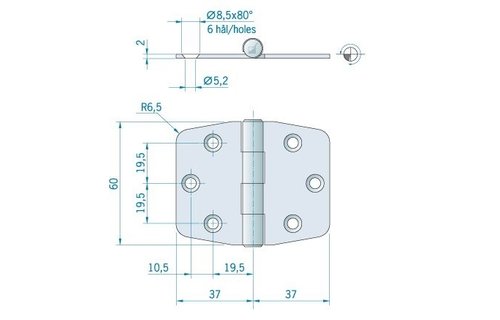 Roca staartscharnier vlak RVS 60 x 74 mm 440080