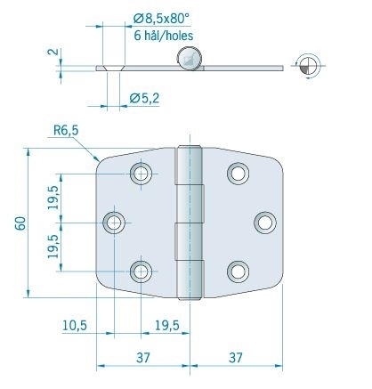 Roca staartscharnier vlak RVS 60 x 74 mm 440080