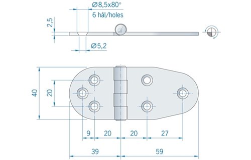 Roca staartscharnier vlak RVS 98 X 40mm 444000