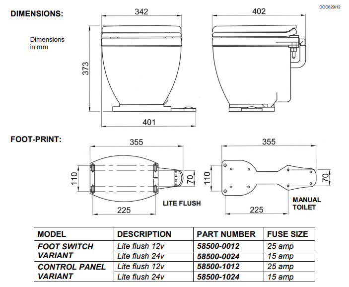 Jabsco Lite Flush elektrisch toilet 12V met voetschakelaar bediening (58500-0012)