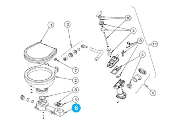 Johnson Pump plastic voetstuk met pakkingring voor scheepstoilet Johnson compact model