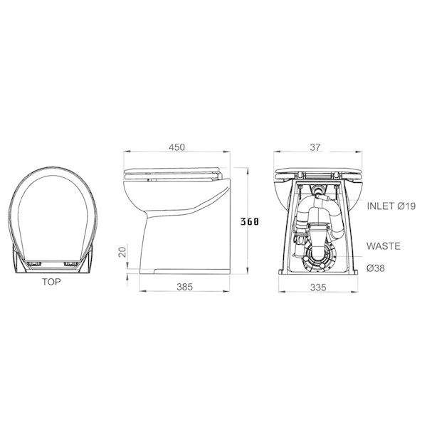 Jabsco De Luxe 14" elektrisch toilet 24V | recht met spoelwaterpomp (58280|1024)