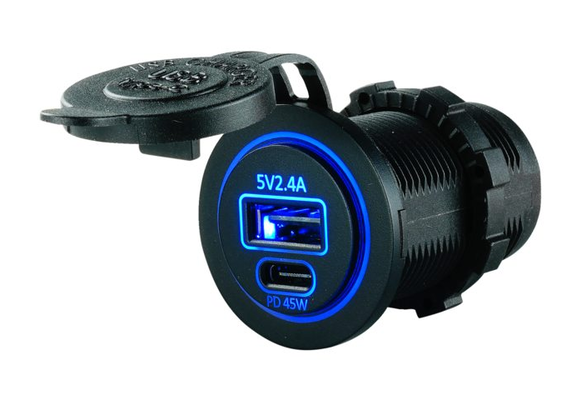 USB Stopcontact met USB-C snellader  aansluiting : USB 2.4A + USB-C PD 45W