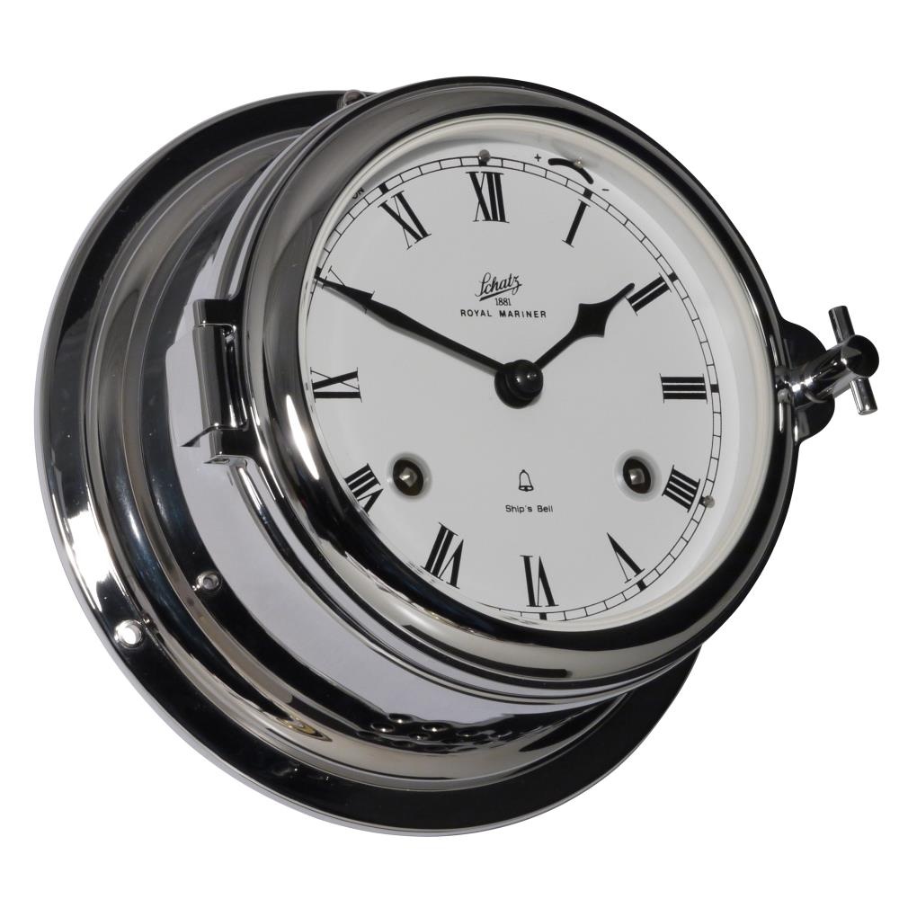 Schatz - Klok mechanisch Midi messing verchroomd Ø155 mm glazenslag (Romeinse cijfers)