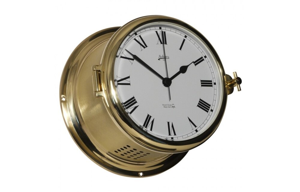 Schatz - Klok quartz Royal messing Ø180 mm glazenslag (Romeinse cijfers)