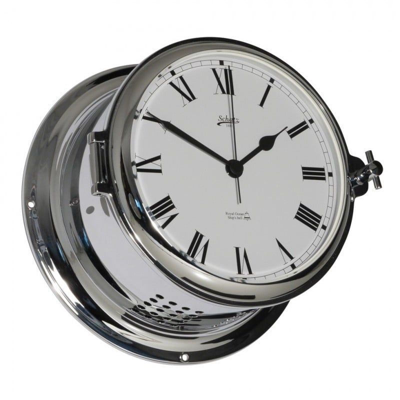 Schatz - Klok quartz Royal messing verchroomd Ø180 mm glazenslag (Romeinse cijfers)