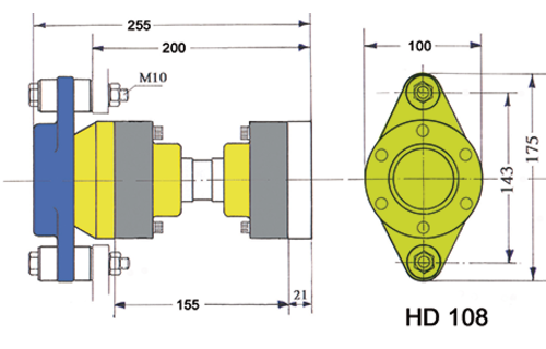 Hydradrive Type HD-108 (tot +/- 50pk) homokinetische aandrijfset, met druklager, homokineet en adapter
