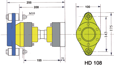 Hydradrive Type HD-108 (tot +/- 50pk) homokinetische aandrijfset, met druklager, homokineet en adapter