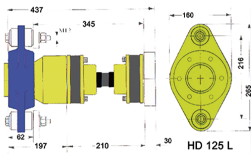 Hydradrive Type HD-125 homokinetische aandrijfset, (tot +/- 170pk) met druklager, homokineet en adapter
