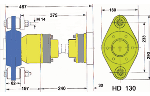 Hydradrive Type HD-130 homokinetische aandrijfset, (tot +/- 250pk) met druklager, homokineet en adapter