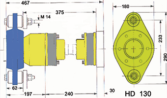 Hydradrive Type HD-130 homokinetische aandrijfset, (tot +/- 250pk) met druklager, homokineet en adapter
