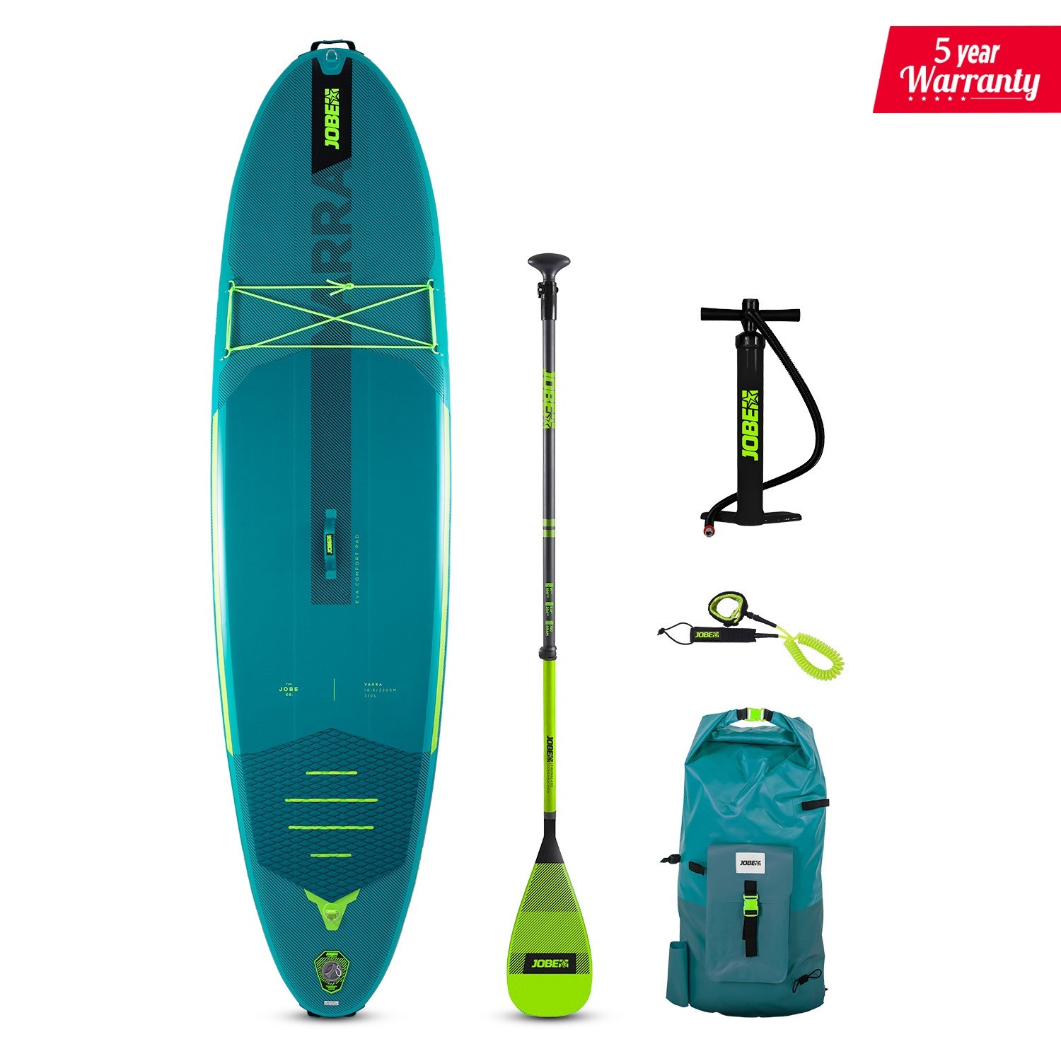 Jobe Aero Yarra SUP Board 10.6 Package Teal with Fiberglass paddle Lime