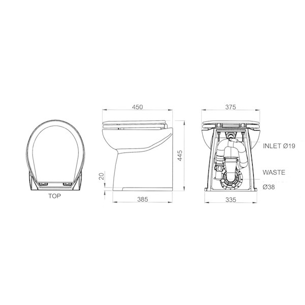 Jabsco De Luxe 17" elektrisch toilet 12V | recht met spoelwaterpomp soft closing (58240|3012)