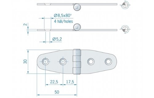 Roca staartscharnier vlak RVS 100 x 27 mm 442720