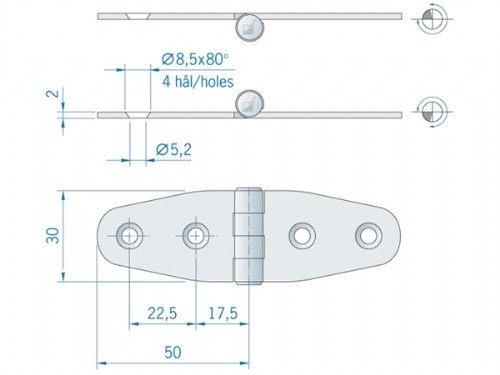 Roca staartscharnier vlak RVS 100 x 27 mm 442720