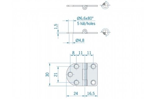Roca vlakscharnier rond/recht RVS 40 -5 x 30 mm 440060