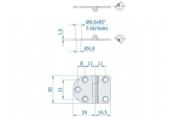 Roca vlakscharnier rond/recht RVS 40 -5 x 30 mm 440060