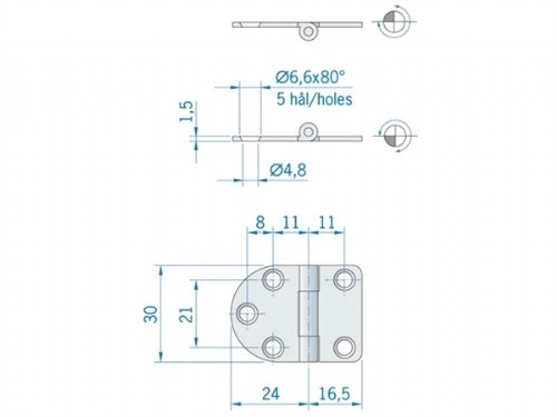 Roca vlakscharnier rond/recht RVS 40 -5 x 30 mm 440060