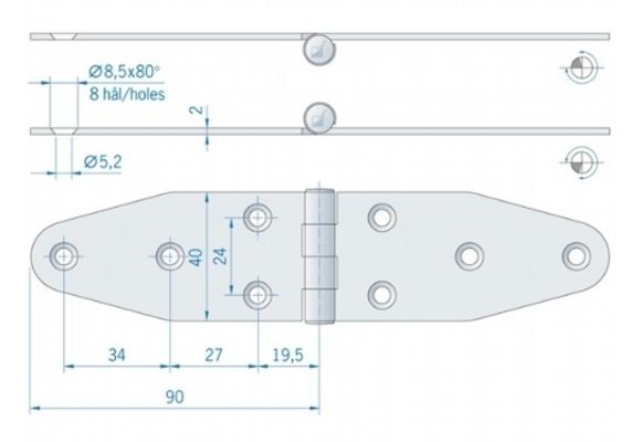 Roca staartscharnier vlak RVS 90 x 40 mm  441624