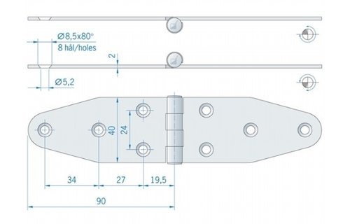 Roca staartscharnier vlak RVS 180 x 40 mm 441620
