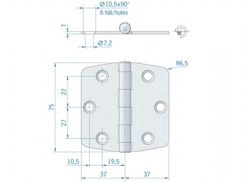 Roca staartscharnier vlak RVS 74 x 75 mm  440091
