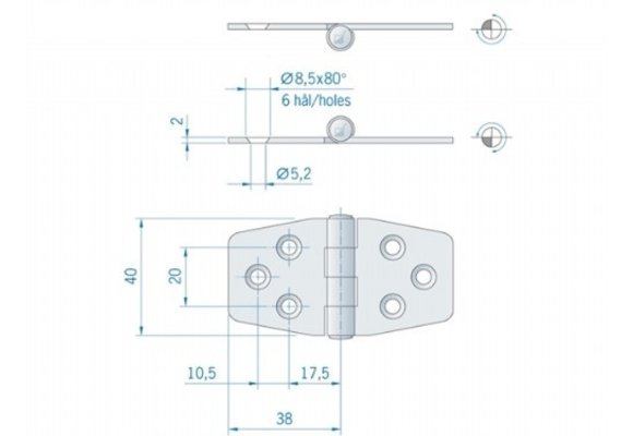 Roca staartscharnier vlak RVS 76 x 40 mm 441499