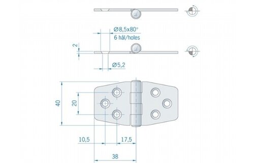 Roca staartscharnier vlak RVS 76 x 40 mm 441490