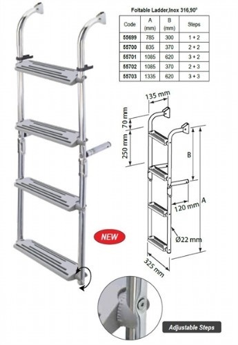 NR RVS Zwemtrap kantelbaar spiegelmontage 1 + 2 treden - 785 mm