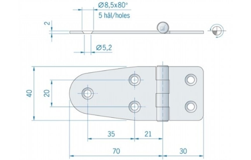 Roca staartscharnier vlak RVS 100 x 40 mm 441740