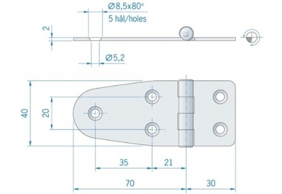 Roca staartscharnier vlak RVS 100 x 40 mm 441740