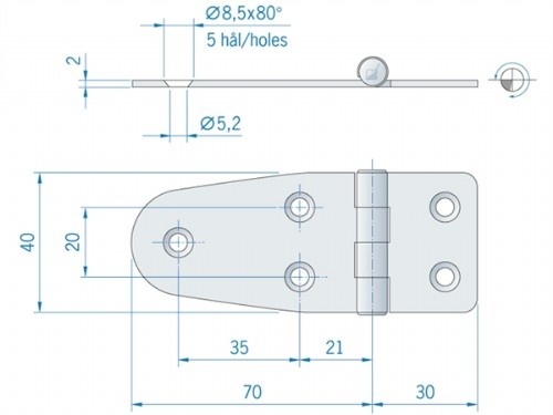 Roca staartscharnier vlak RVS 100 x 40 mm 441740