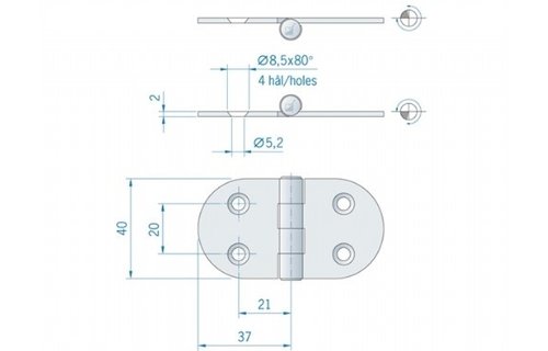 Roca vlakscharnier rond RVS 74 x 40 mm 441709