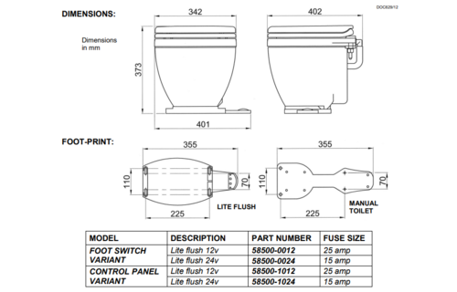 Jabsco Lite  Flush elektrisch toilet 12V met voetschakelaar bediening (58500-0012)