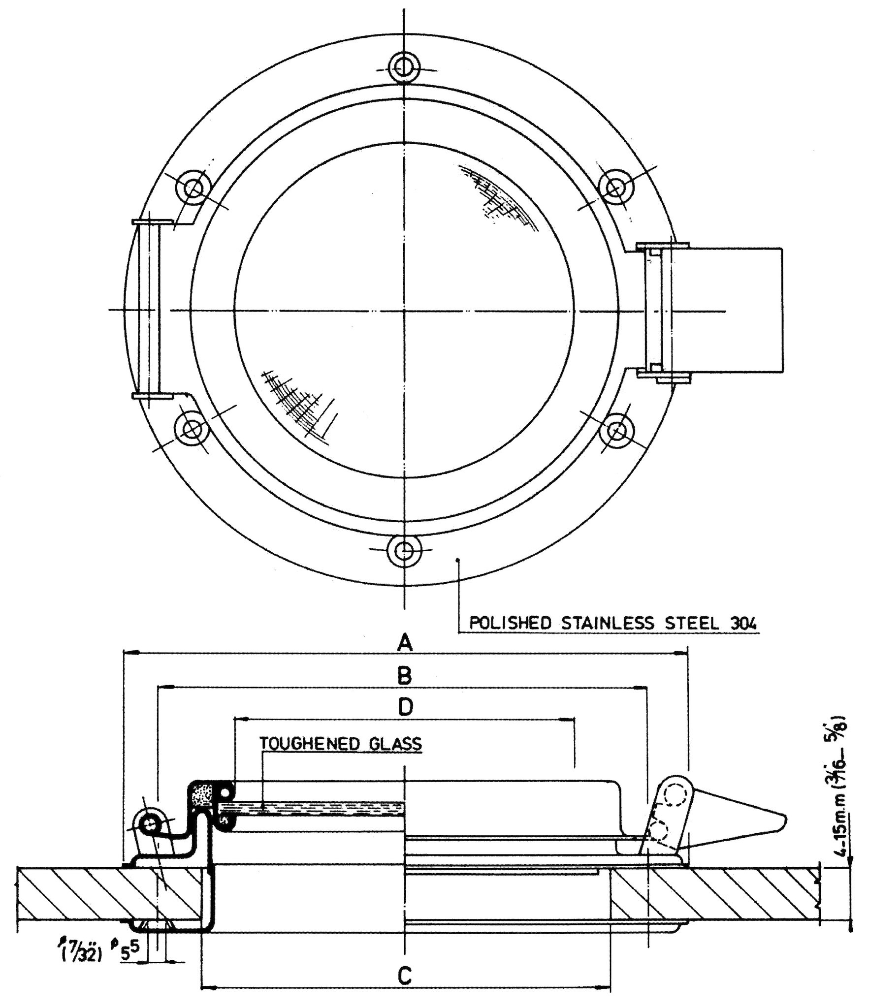 Allpa RVS Patrijspoort Ø190mm openklapbaar model met gehard glas gatmaat Ø141mm