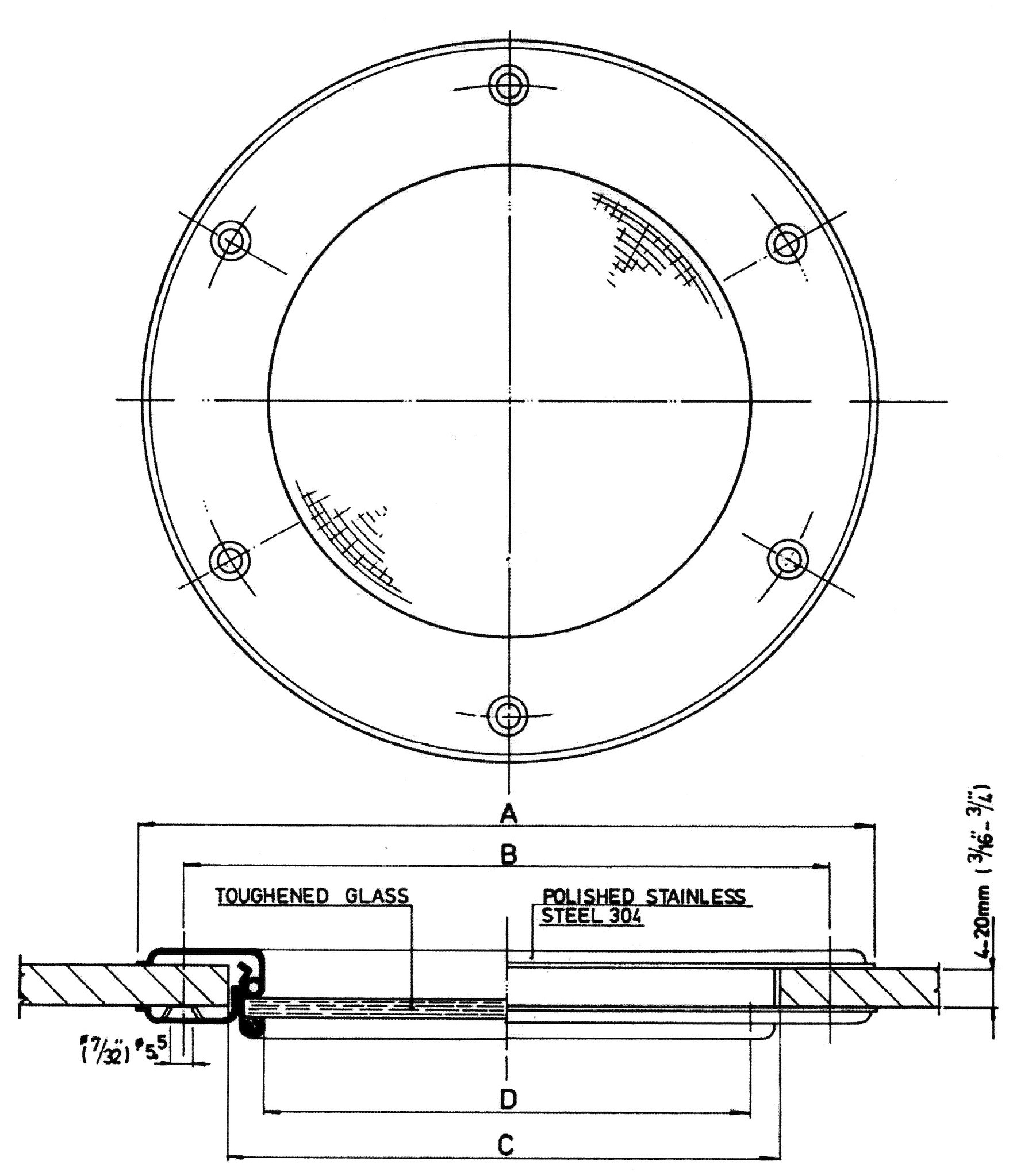 Allpa RVS Patrijspoort  Ø215mm  vast model met gehard glas  gatmaat Ø166mm