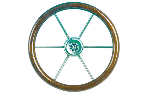 6-Spaaks stuurwiel Leader Wood RVS met mahoniehouten rand 55cm