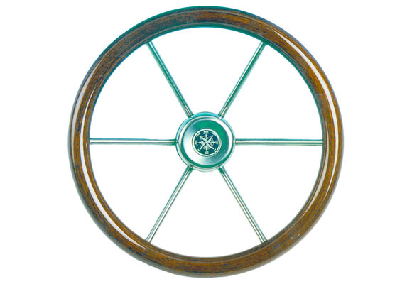 6-Spaaks stuurwiel Leader Wood RVS met mahoniehouten rand 55cm