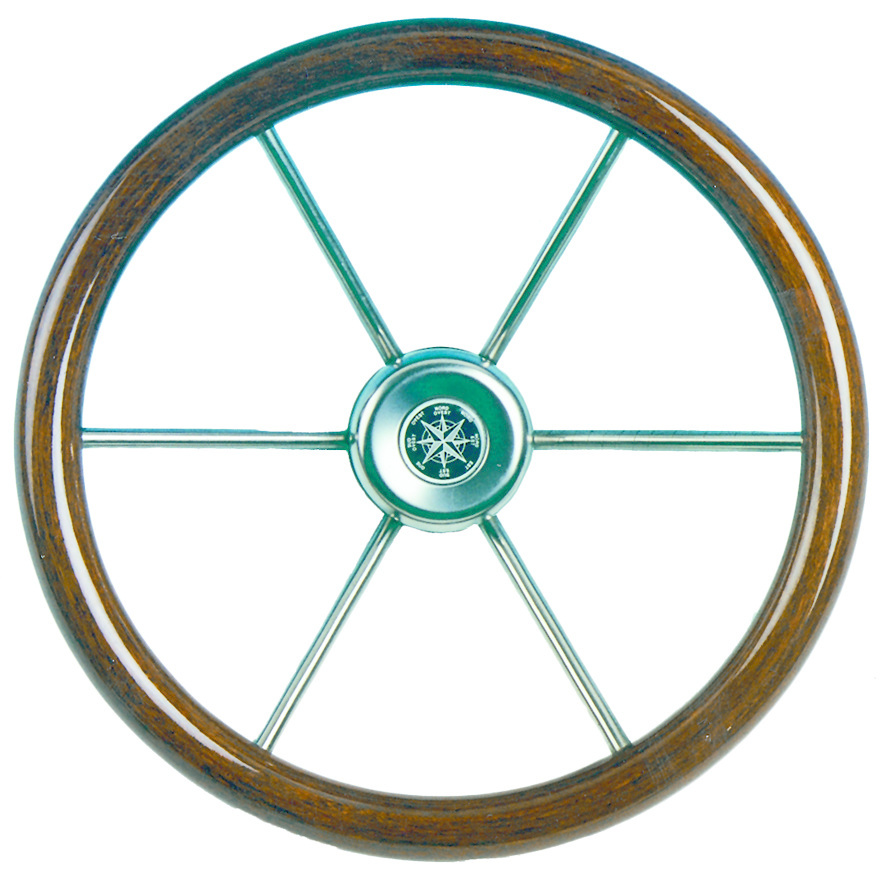 6-Spaaks stuurwiel Leader Wood RVS met mahoniehouten rand 55cm