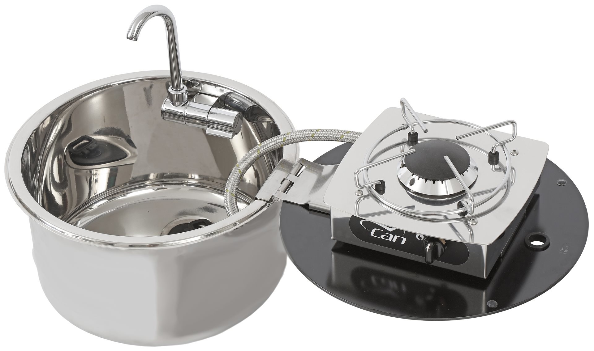 RVS Spoelbak 300x180mm  met Inklapb.RVS Gaskomfoor + afdekplaat +kraan + 488034