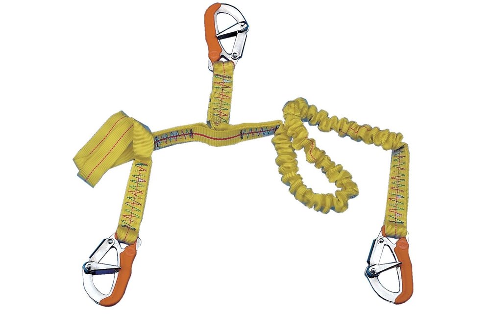 Elastische Lifeline met 3 RVS musketonhaken voor veiligheidsgordel L=1000-1900mm + 1000mm geel