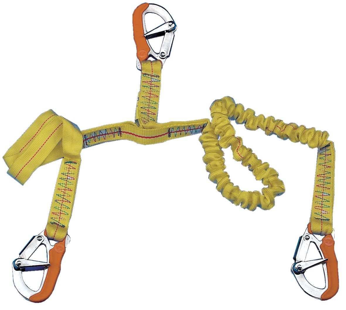 Elastische Lifeline met 3 RVS musketonhaken voor veiligheidsgordel L=1000-1900mm + 1000mm geel